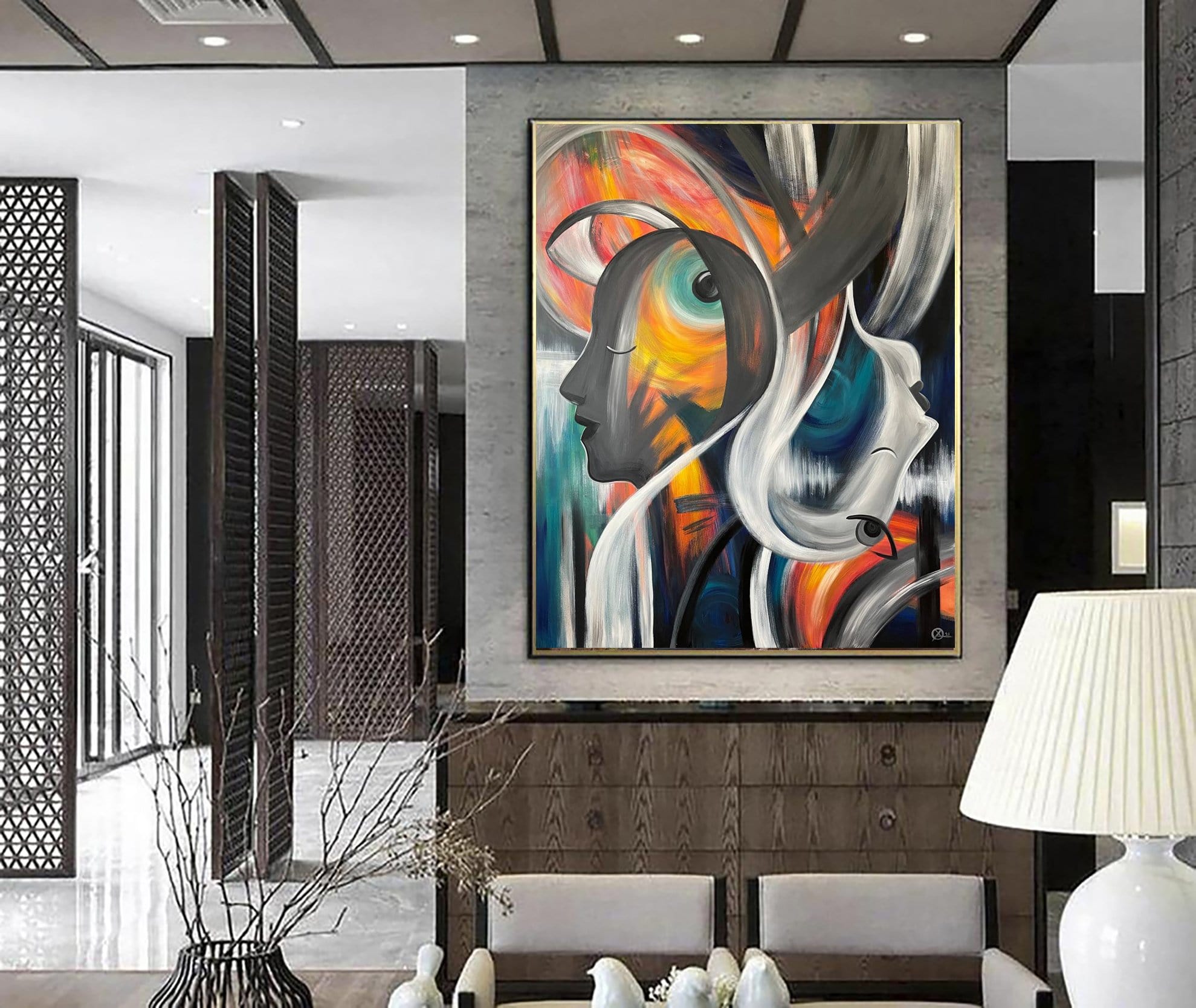 Large Figurative Art on Canvas: Abstract Faces Painting in Custom Size as  Modern Textured Wall Art for Living Room Wall Decor | SOUL MATES